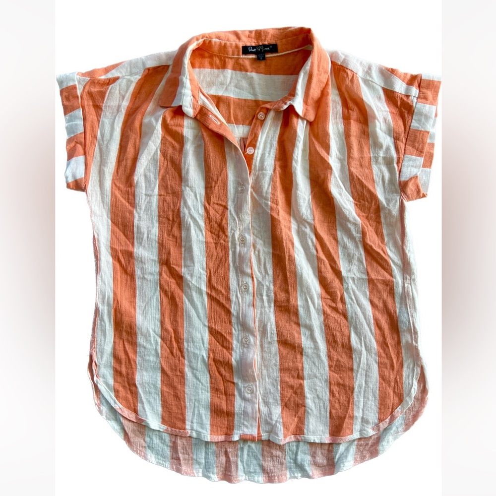 Peach and white striped short sleeve button down